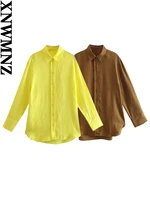 xnwmnz 2022 women fashion oversized linen shirt woman retro long sleeve lapel side slit female chic blouse