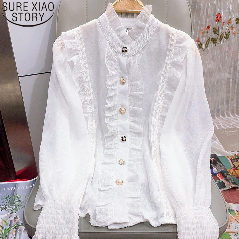 

Vintage Ruflles Blouse Women Shirts Autumn Long Sleeve Stand Collar Button Clothes 2022 New Female Korean Fashion Tops 22837
