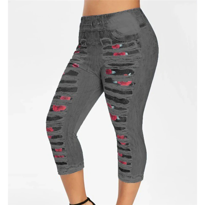 

Summer Breeches Jeans Leggings For Woman Stretch Printed Short Leggins 4\3 Pants High Waist Perfect Fit Jeans Jeggings