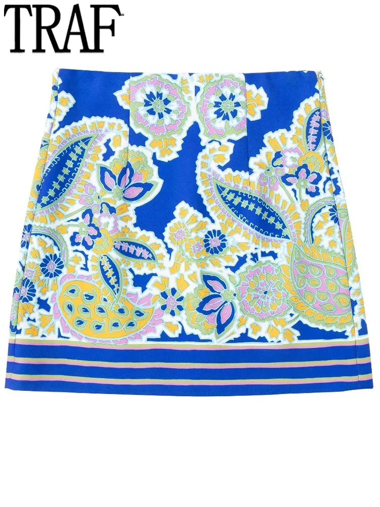 

TRAF 2022 Blue Printed Short Skirts Woman High Waist Vintage Mini Skirt Sets Boho Beach Skirt Women Y2k Streetwear Summer Skirts