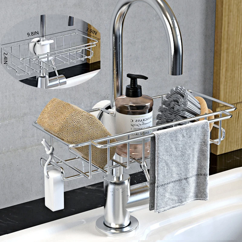 

New Quality Stainless Steel Sink Storage Rack Kitchen Bathroom Adjustable Faucet Soap Dish Drainer Shelf Organizer