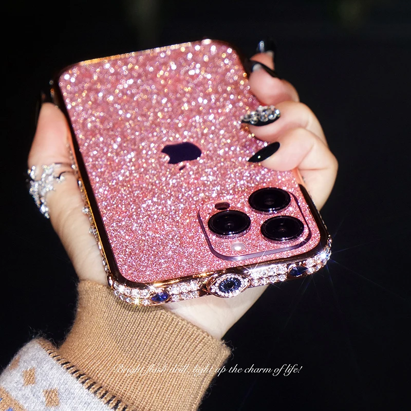 Rhinestone Crystal Diamond Metal Edge Bumper Phone Case For iPhone 14 Plus 13 12 11 Pro XS Max XR X Glitter Back Film Cover