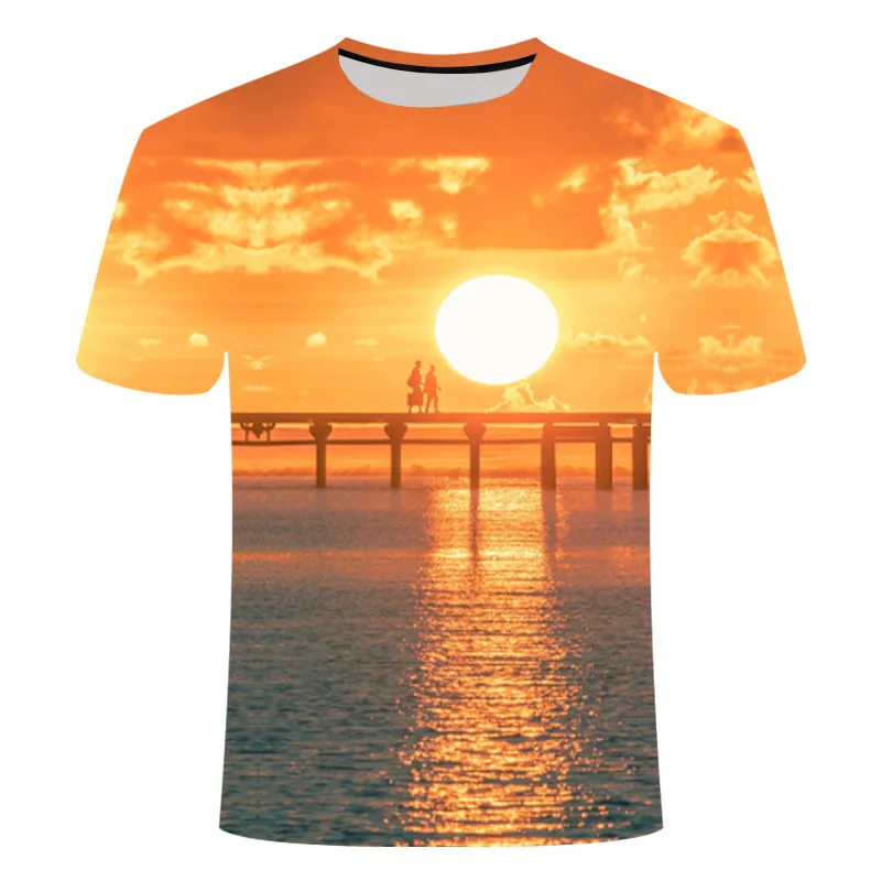 

Summer Men Ocean Beach Sunset Natural Beautiful Scenery 3d Printing Fashion O Collar Short Sleeve Loose Casual Plus Size Top