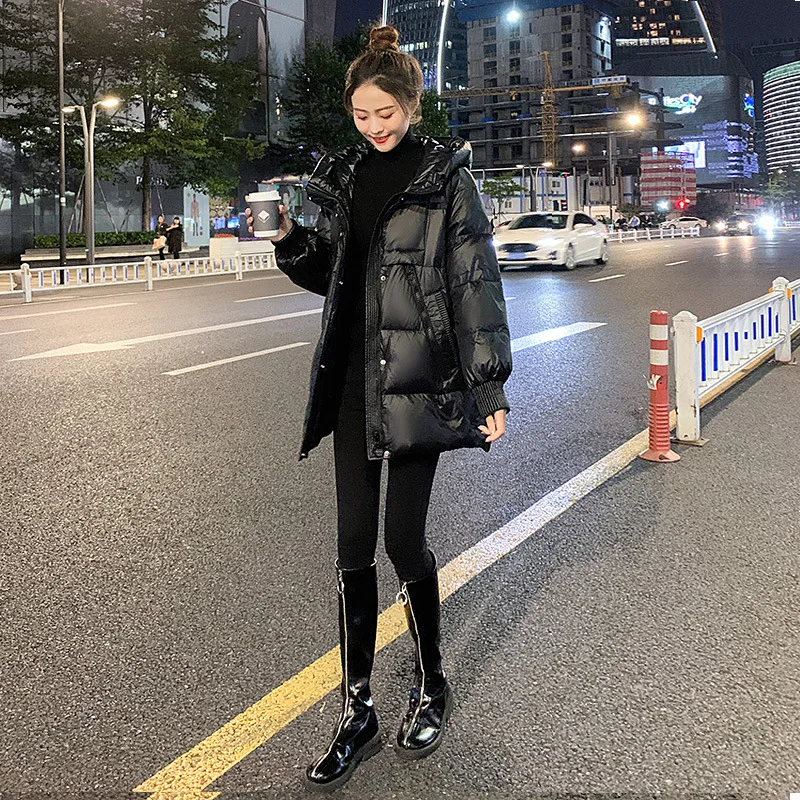 Winter Loose Glossy Down Cotton Coats Women 2023 New Solid Hooded Thicken Warm Padded Jacket Female Clothing Fashion Tops Parkas