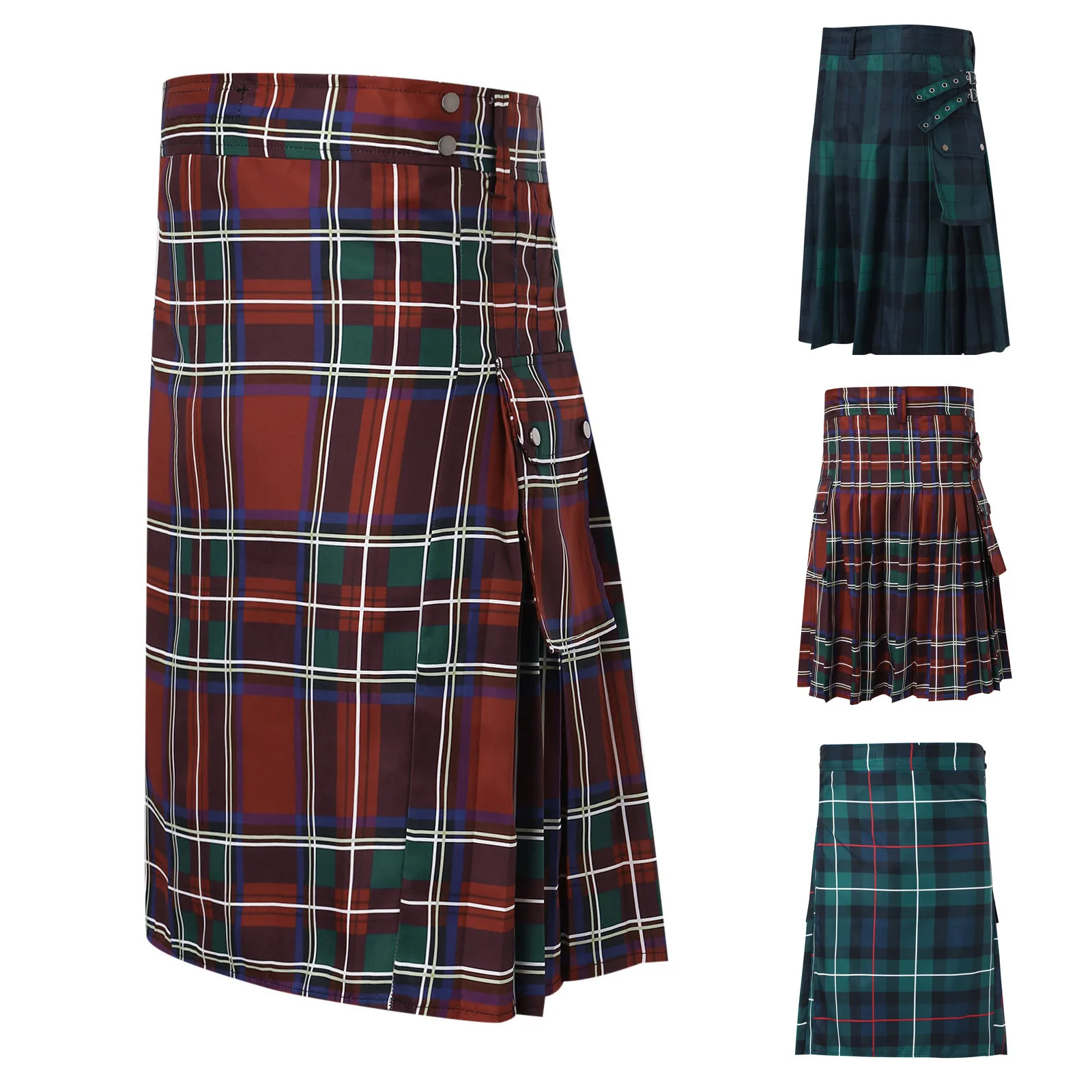 

Mens Scottish Traditional Highland Tartan Kilt Knee Length Tartan Utility Skirt Cosplay Costumes