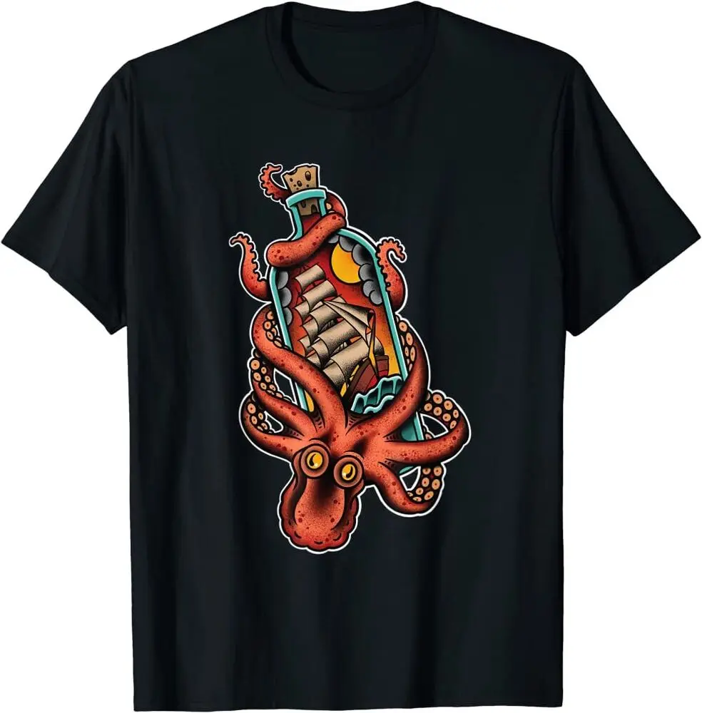 

Забавный осьминог и клипер корабль в бутылке Старый Школьный матрос тату футболка