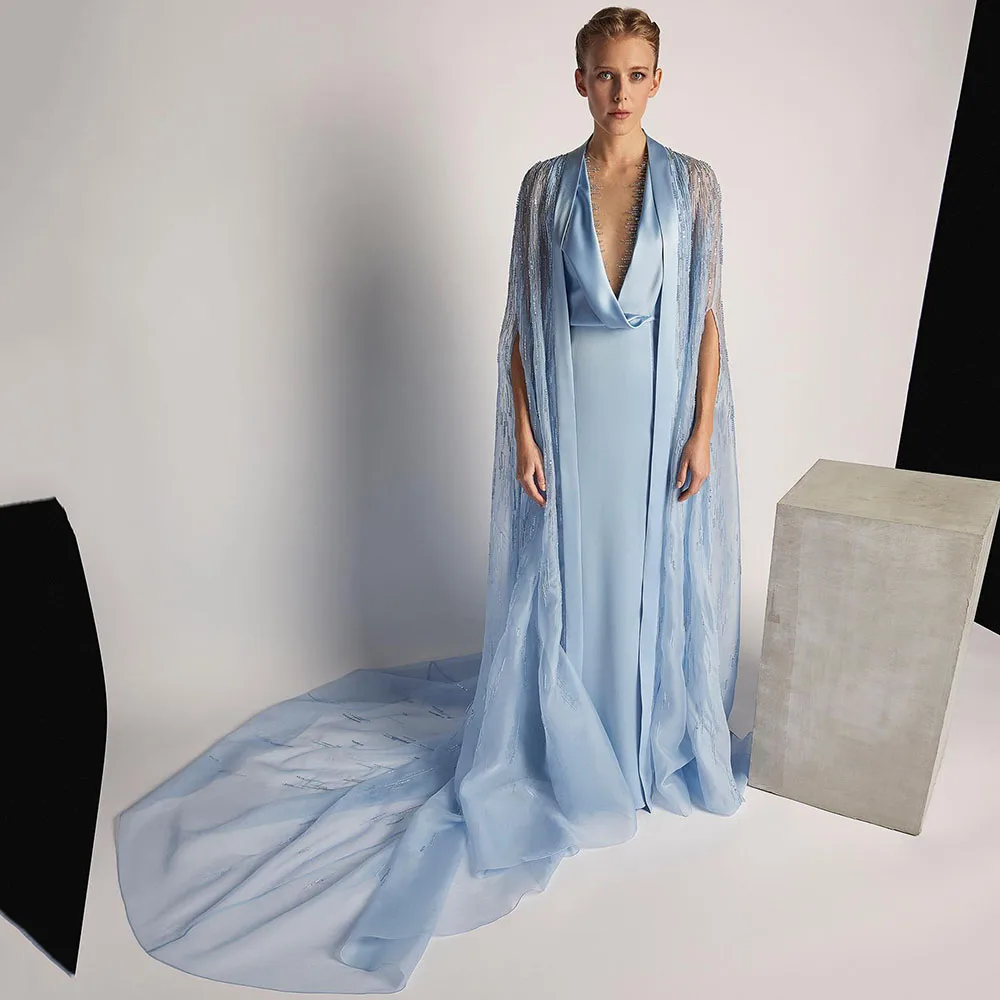 

Elegant Blue long Evening Dresses Satin V Neck Beading With Cloak Mermaid Formal Prom Party Gowns Robes De Soiré Custom Made