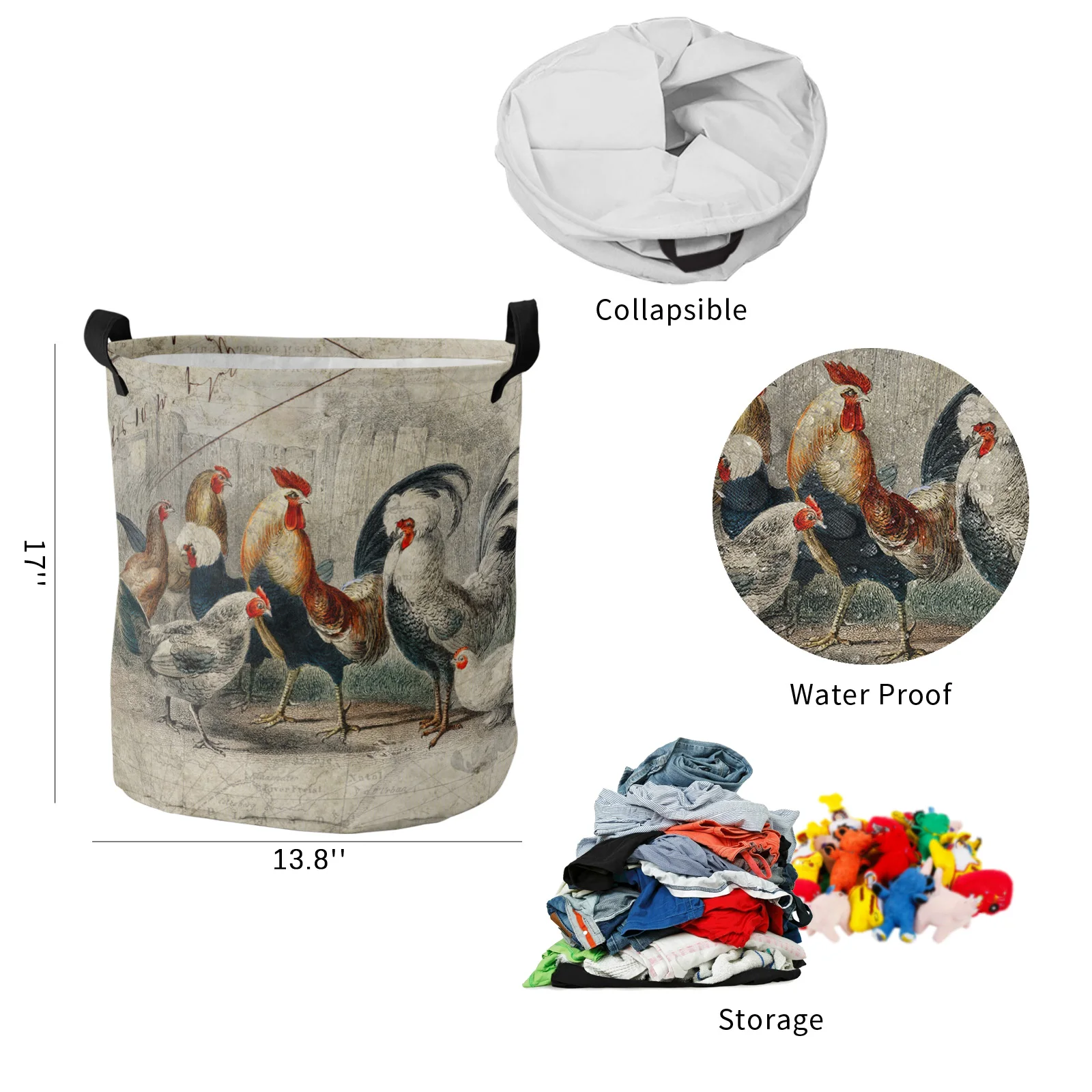 Корзина для грязного белья в стиле ретро с изображением курицы-петуха складная