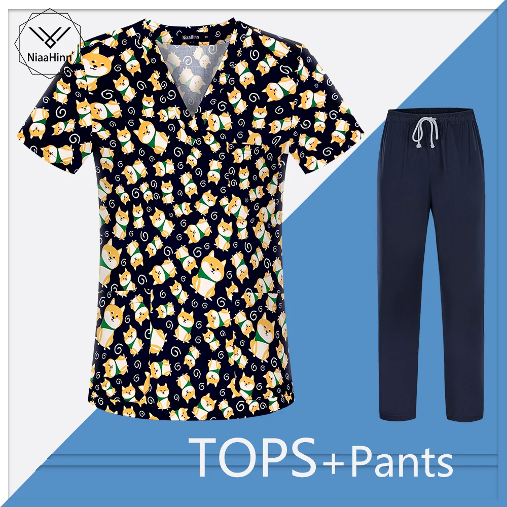 

Pet Grooming Workwear Costume Lab Working Uniforms Scrubs Uniforms Cartoon Printing Beauty Salon Work Clothes Women and Men Tops
