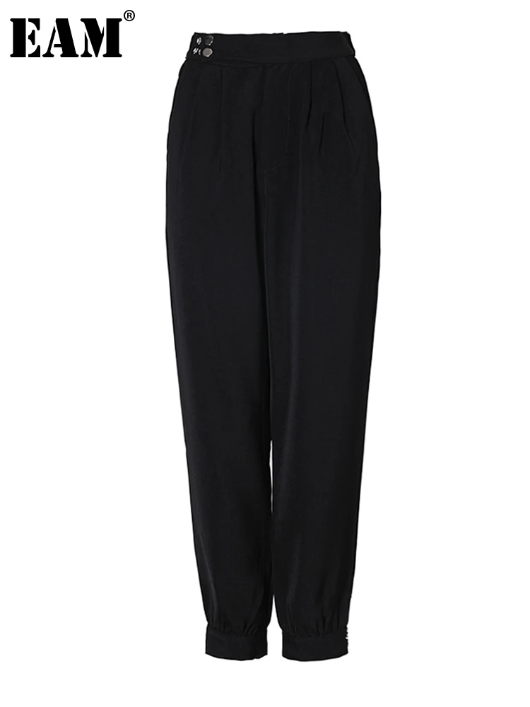 

[EAM] High Waist Black Metal Buckle Long Wide Leg Pants New Loose Fit Trousers Women Fashion Tide Spring Autumn 2023 1DF3289