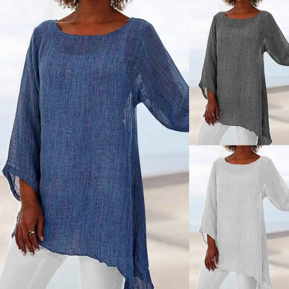 

Long Sleeve Women Solid Color Irregular Plus Size Casual T-Shirt Top Loose T Shirt Linen O-Neck Tunic Tshirt 2021