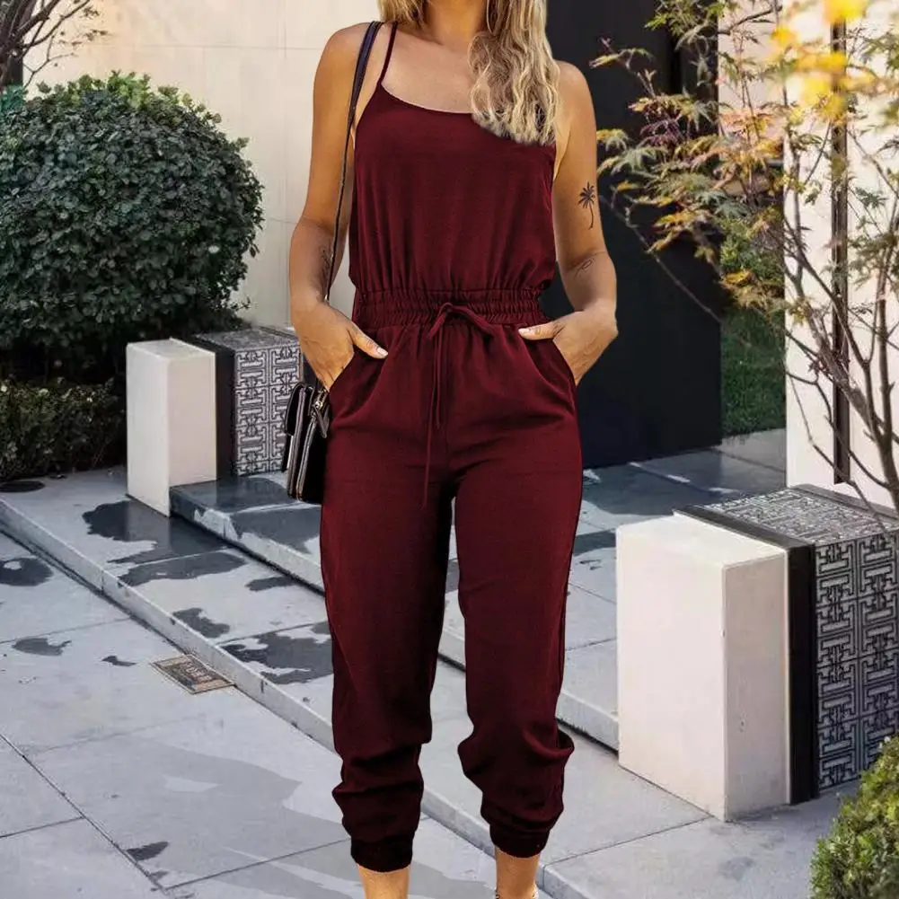 

Lady Romper Soft Fabric Lady Jumpsuit Ninth Pants Pockets Fashion Tight Waist Drawstring Women Romper