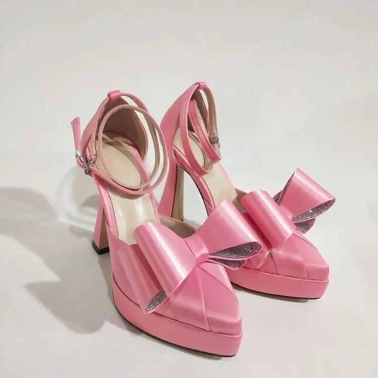 

Босоножки женские атласные с бабочками, заостренный носок, платформа, модные свадебные туфли, ремешок на щиколотке, высокий каблук, искусственная кожа, черные/розовые