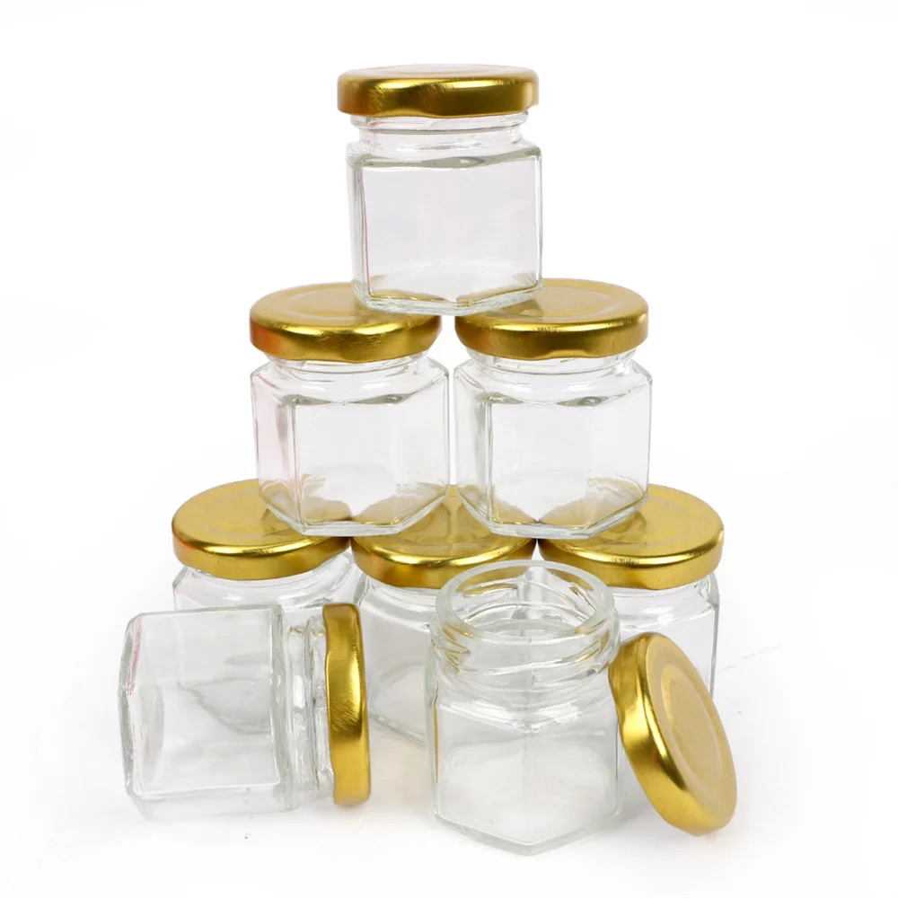 

12Pack 45ml Hexagon Mini Glass Honey Jars with Dipper Lids Bee Pendants Jutes Perfect for Baby Showers Wedding Party Favors