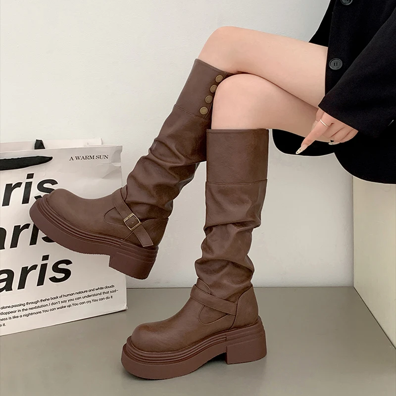 Винтажные коричневые женские сапоги в стиле пастушки вестерн модные длинные