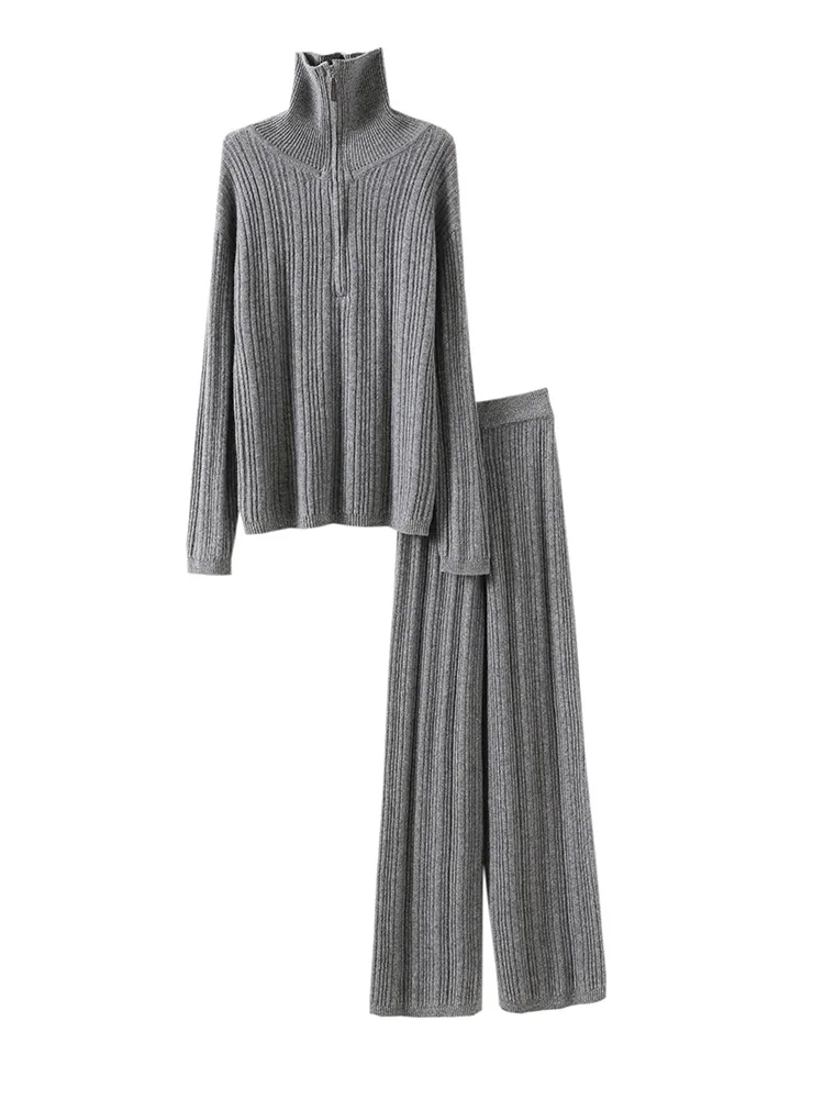 Женский шерстяной пуловер на молнии брючный костюм трикотаж из 100% мериносовой