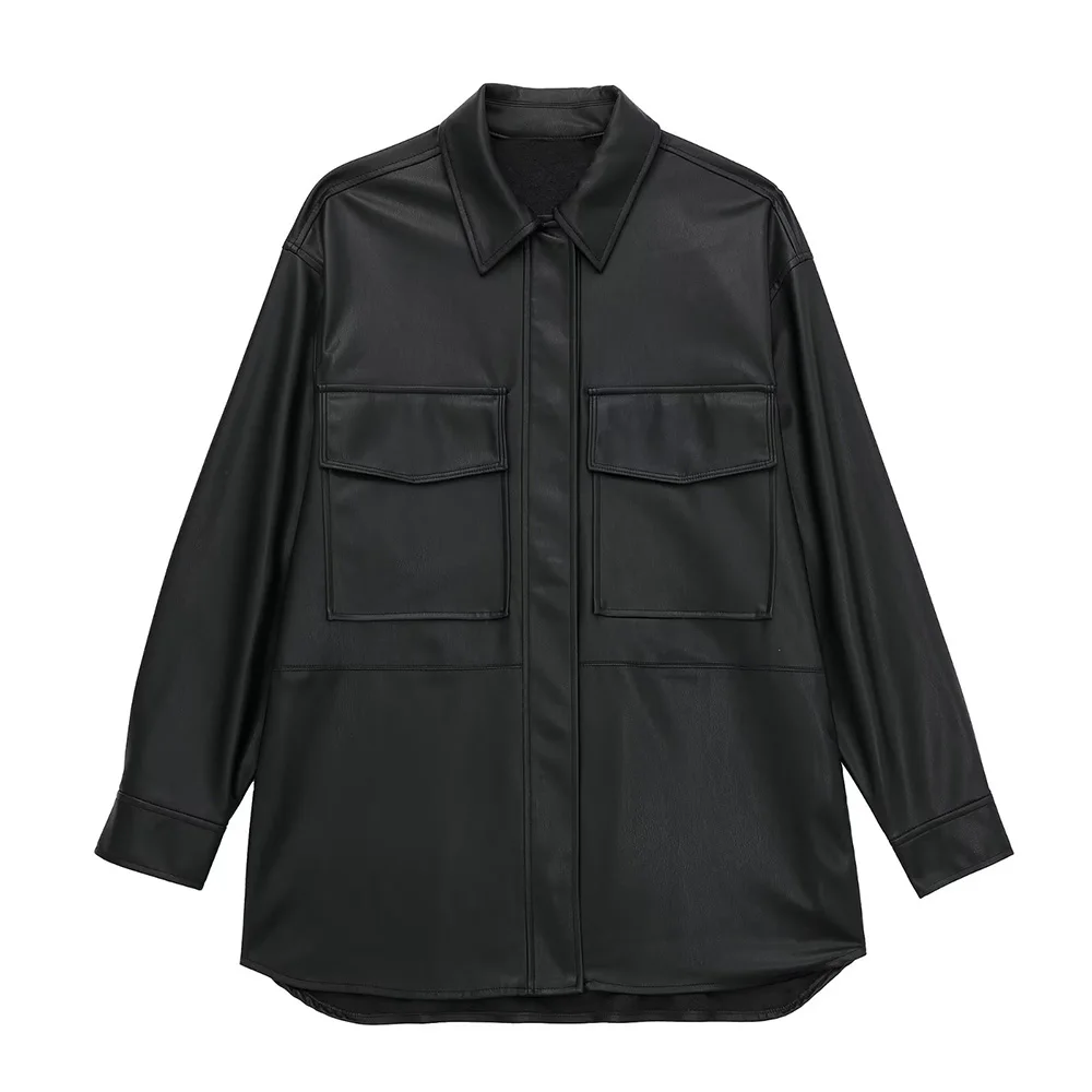

PB&ZA Women's Faux Leather Jacket Coat Autumn 2022 New Long Sleeve Button-Down Streetwear Black Loose Casual Overshirt 3427827