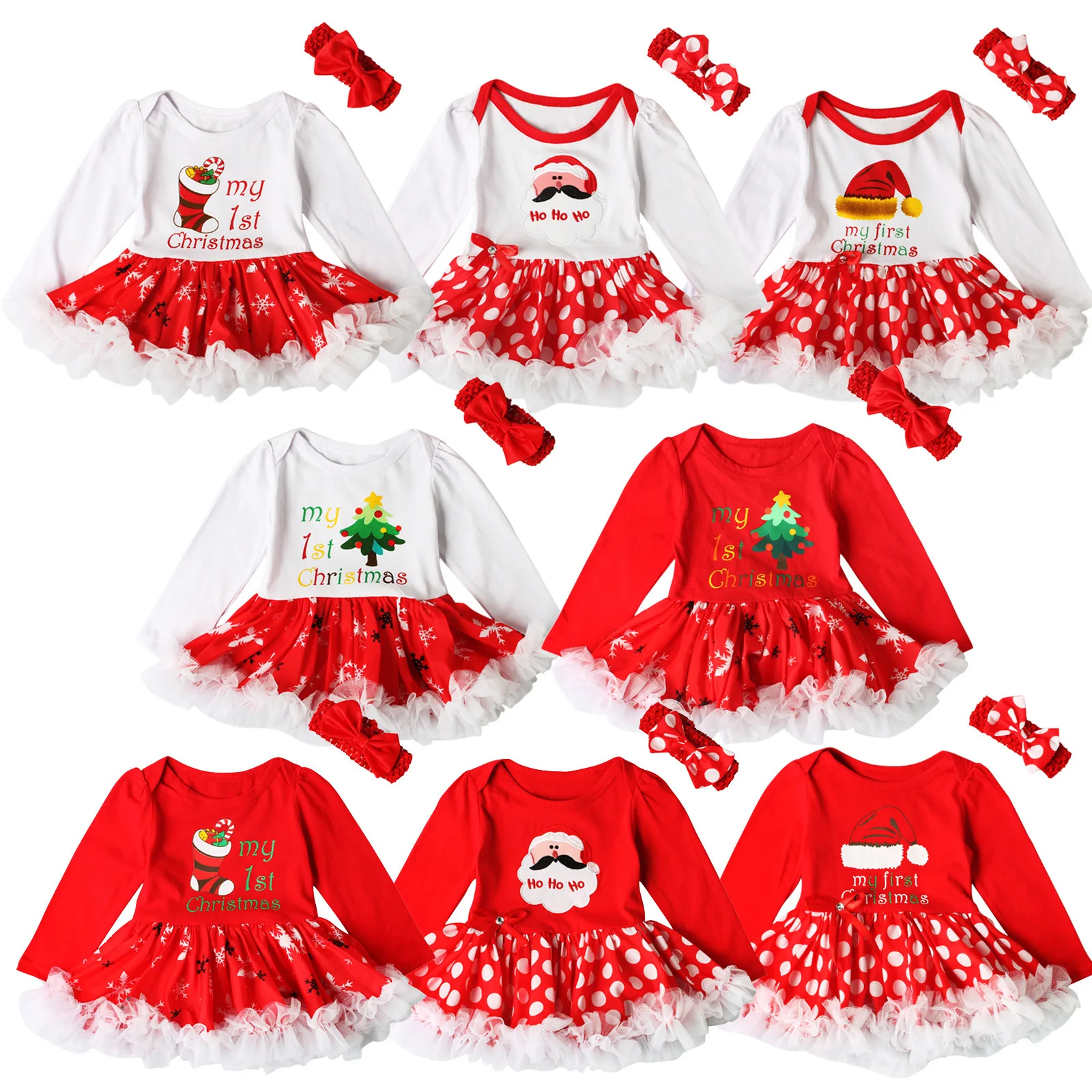 

Christmas Baby Girl Dress + Headband Newborn Clothing Puffy Long Sleeve Red Xmas Party Kid Girls Princess Dress Vestido Costume