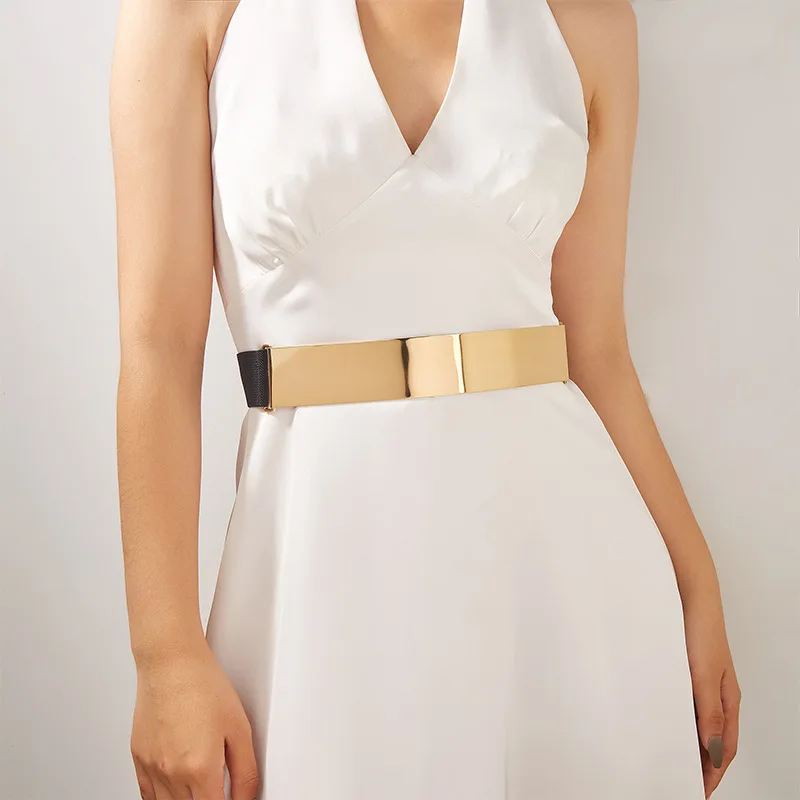 

Fashion Women Elastic Designer Metal Waist Belt Bling Gold Silver Color Plate Vintage Ladies Simple Belts Mirror Waistband