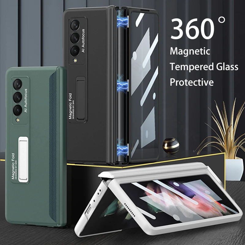 

GKK Magnetic Hinge Tempered Glass Case Cover For Samsung Galaxy Z Fold 3 5G Case 360 full Protection Stand Case For Fold3 Flip3