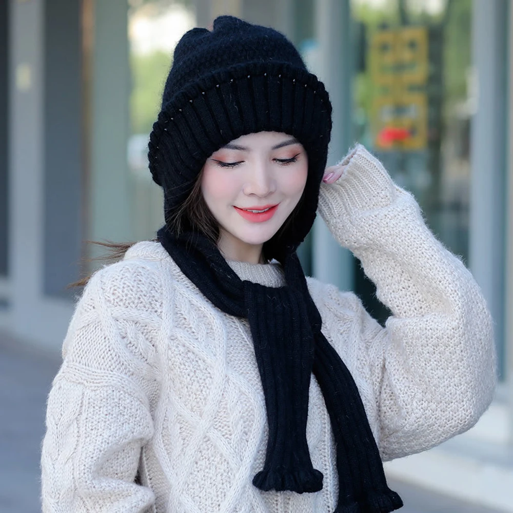 

Fashion Cute Women Girls Beanies Hats Soft Knitted Rabbit Winter Warm Neck Ears Protected Hat Scarf One Piece Hooded Scarfs