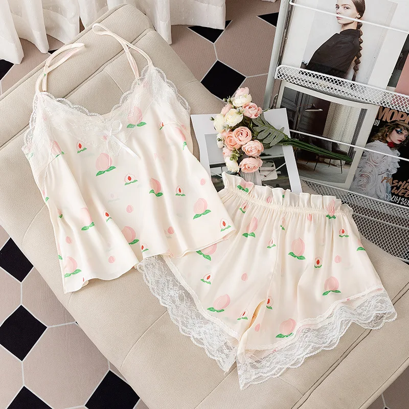 

2 Piece Sets Silk Pajama Set Women Casual Sleepwear Camisole Nightgown Pijamas Nightwear Lingere For Womens Sleep Tops Summer