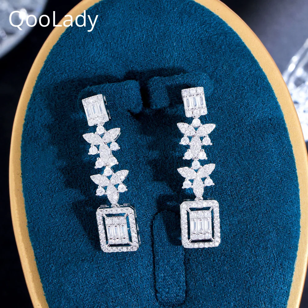 Классические квадратные серьги QooLady в виде листьев с белым кубическим цирконием, длинные серьги для помолвки, женские Серьги серебряного цвета, ювелирные изделия E290
