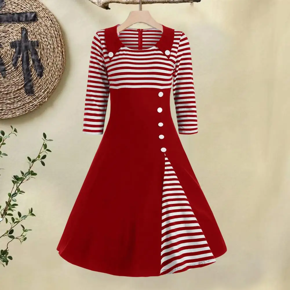 

Three-quarter-sleeved Long Dress Round Neck Dress Vintage-inspired Striped Midi Dresses with A-line Silhouette Three for Fall