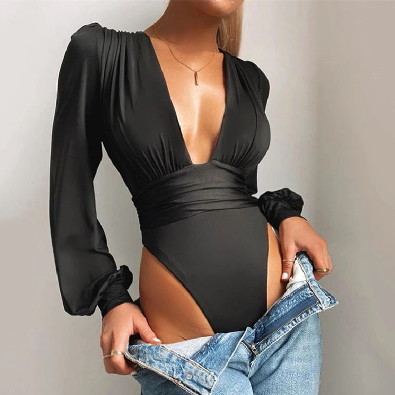 

Женский Осенний сексуальный комбинезон с V-образным вырезом, боди, модные однотонные облегающие топы, женский эластичный облегающий пулове...