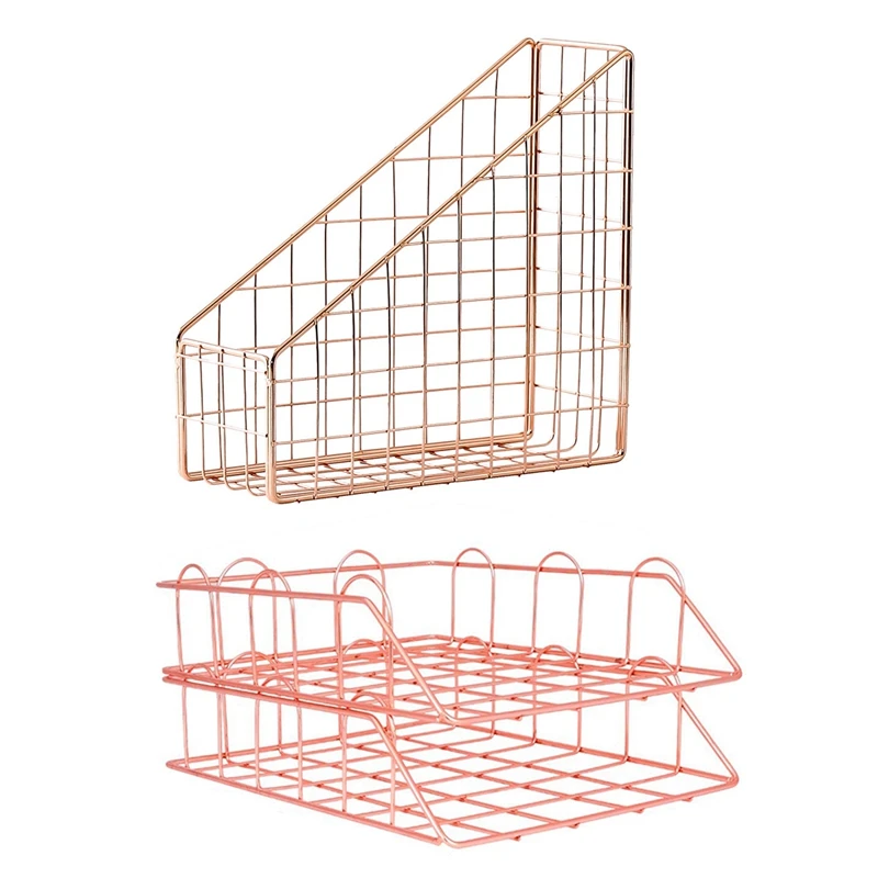 

2Pcs Metal Stackable File Letter Tray Organizer, Rose Gold & 1Pcs Rose Gold Electroplated Iron Book Holder Book Stand