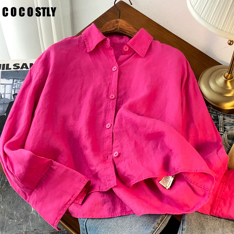 

2022 New Autumn Women's Blouse Chic Rose Red Long Sleeve Lapel Buttoned Closure Linen Office Lady Short Shirt Female Streetwear