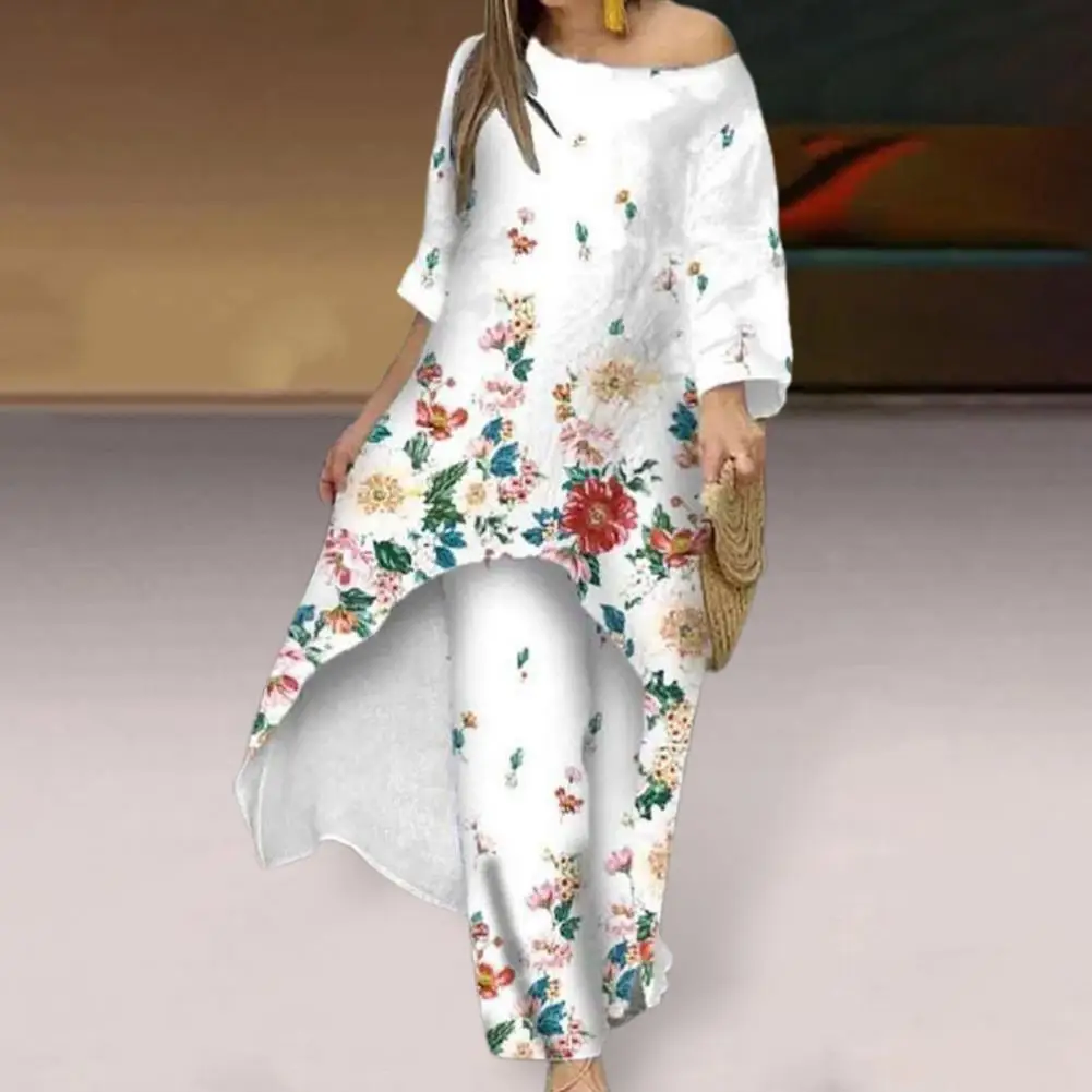 

Женский комплект с топом и брюками, комплект из двух предметов, Свободный Топ с воротником-лодочкой и длинными рукавами, уличная одежда с цветочным принтом и асимметричным подолом и карманами, лето