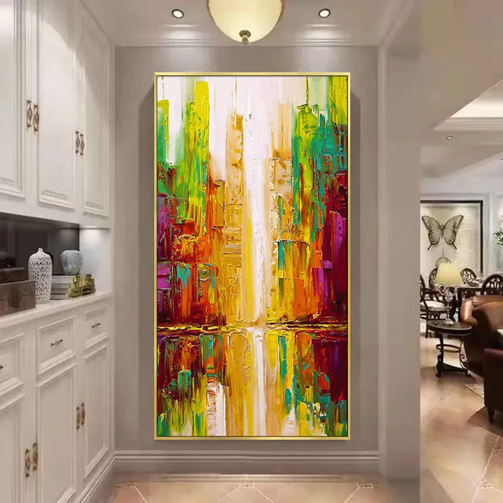 

100% Handmade Abstract Landscape Oil Painting Modern City Building Wall Art Canvas Picture Gold Foil Mural For Living Room Decor