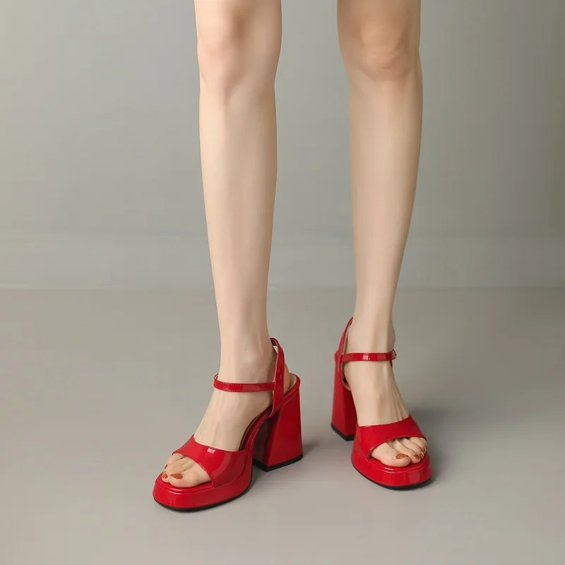 fashion patent leather women sandals summer shoes sexy open toe party wedding shoes woman thick high heels classic beach sandals