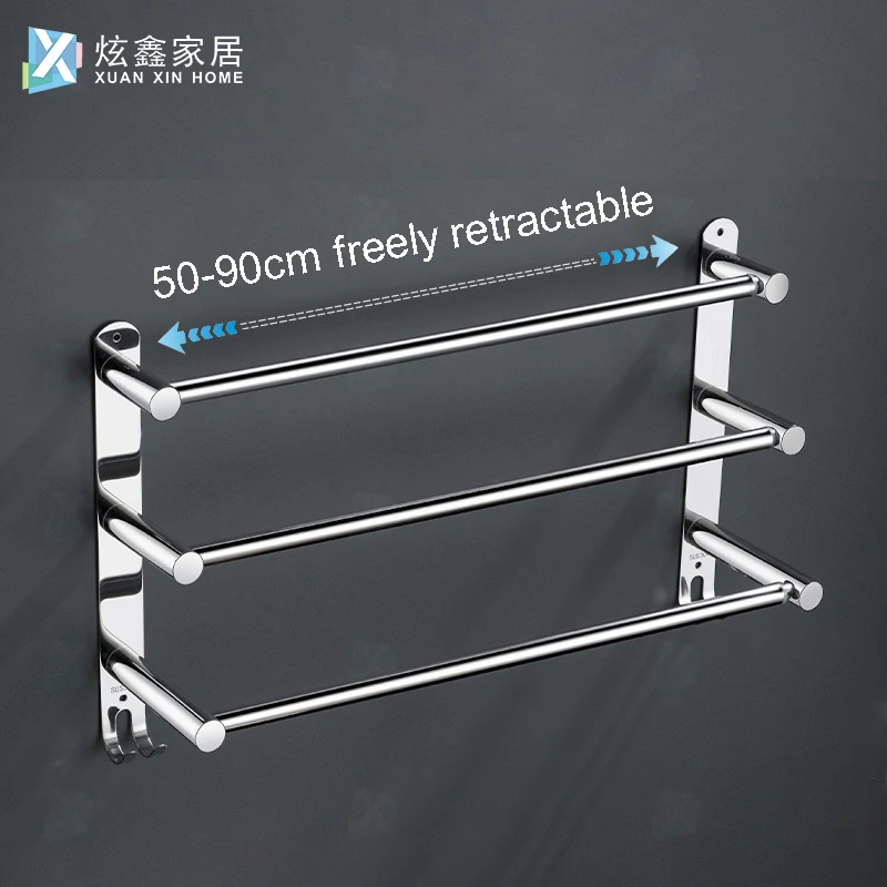 Bathroom Towel Holder Stainless Steel Retractable Toilet Room Rod Simplicity Wall Mounted Bath Multi Layer Rack With Hook Tool