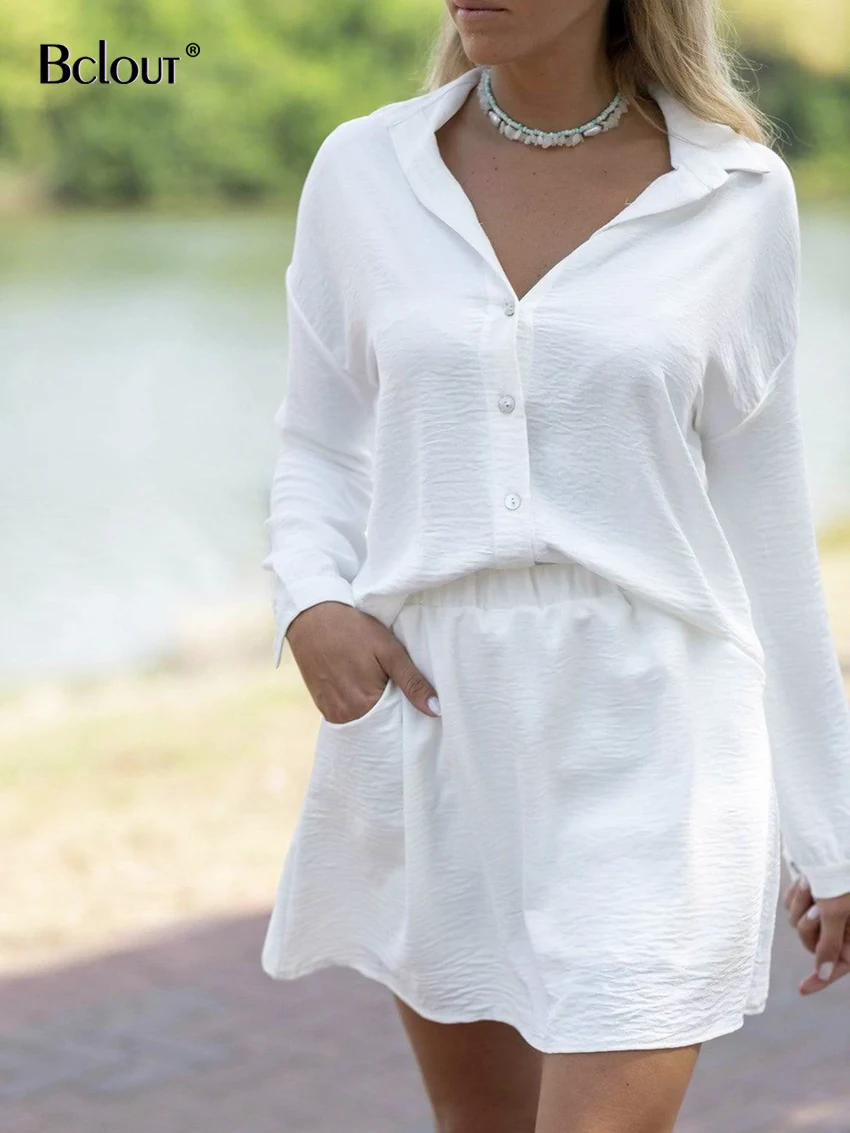 

Bclout Ruched White Dress Set Woman 2 Pieces Summer Long Sleeve Elegant Shirts Casual A-Line Elastic Waist Skirt Outfits Female