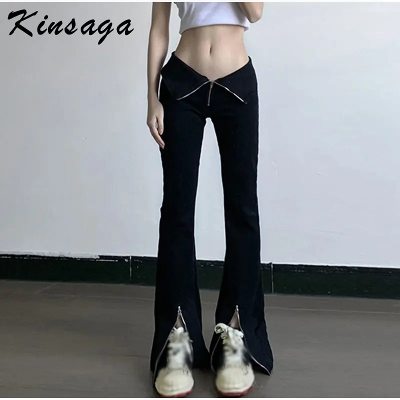 

Винтажные черные джинсы с низкой посадкой Y2k, уличные джинсы на молнии, Облегающие расклешенные брюки с разрезом, корейские модные джинсы в ...