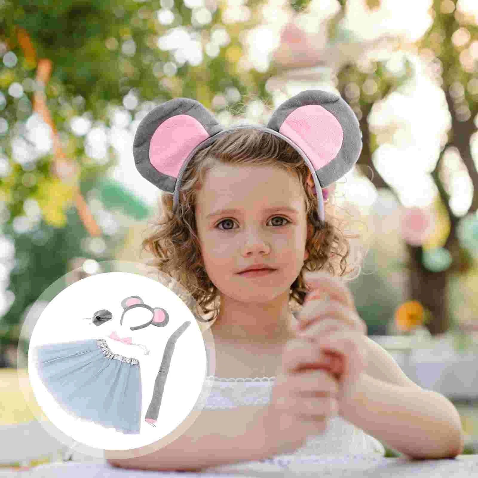 

Ear Headbands Girls Mouse Ears Kids Tail Costume Dress 4 Piece Set Fabric Accessories Child