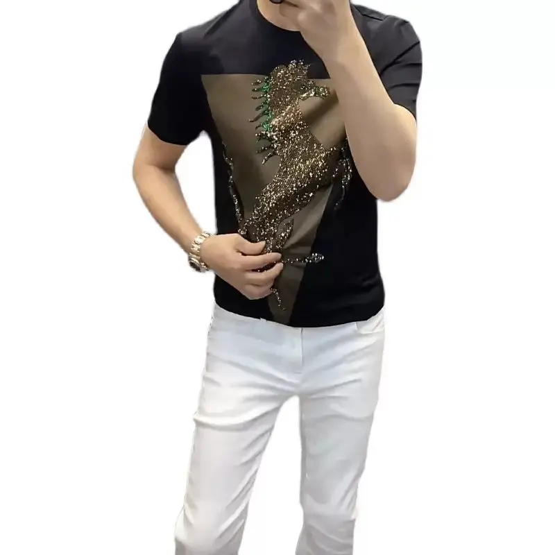 

Mercerized cotton short-sleeved T-shirt men's summer trend fashion elastic slim fit breathable hot drill all-match top