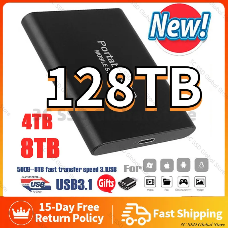 Portable SSD 128TB  Hard Drive External Type-C High Speed USB3.1 2TB 4TB 8TB 16TB 32TB SSD Storage HD Hard Disk For Laptop hdd
