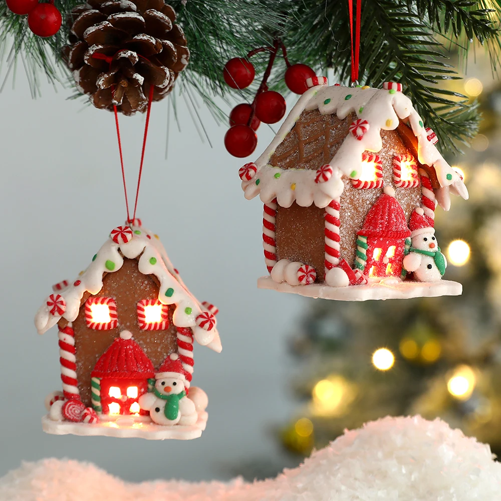 

Christmas Gingerbread House Soft Clay Glowing Christmas Cabin Xmas Tree Hanging Pendant Snow House with Led Light New Year Decor