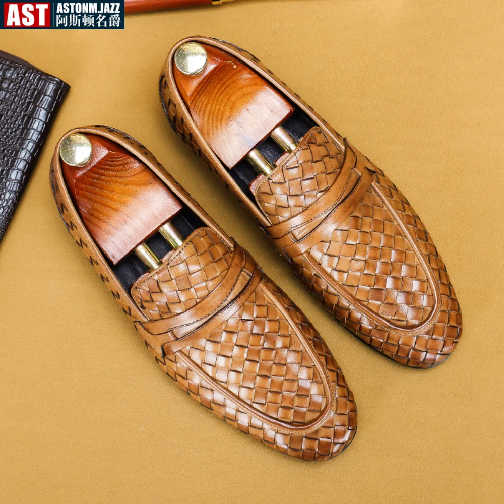 

Handwoven Leather Shoes Men's Genuine Leather Breathable Slip-on Loafers Business Casual Soft Sole Men's Footwear Size 37-46