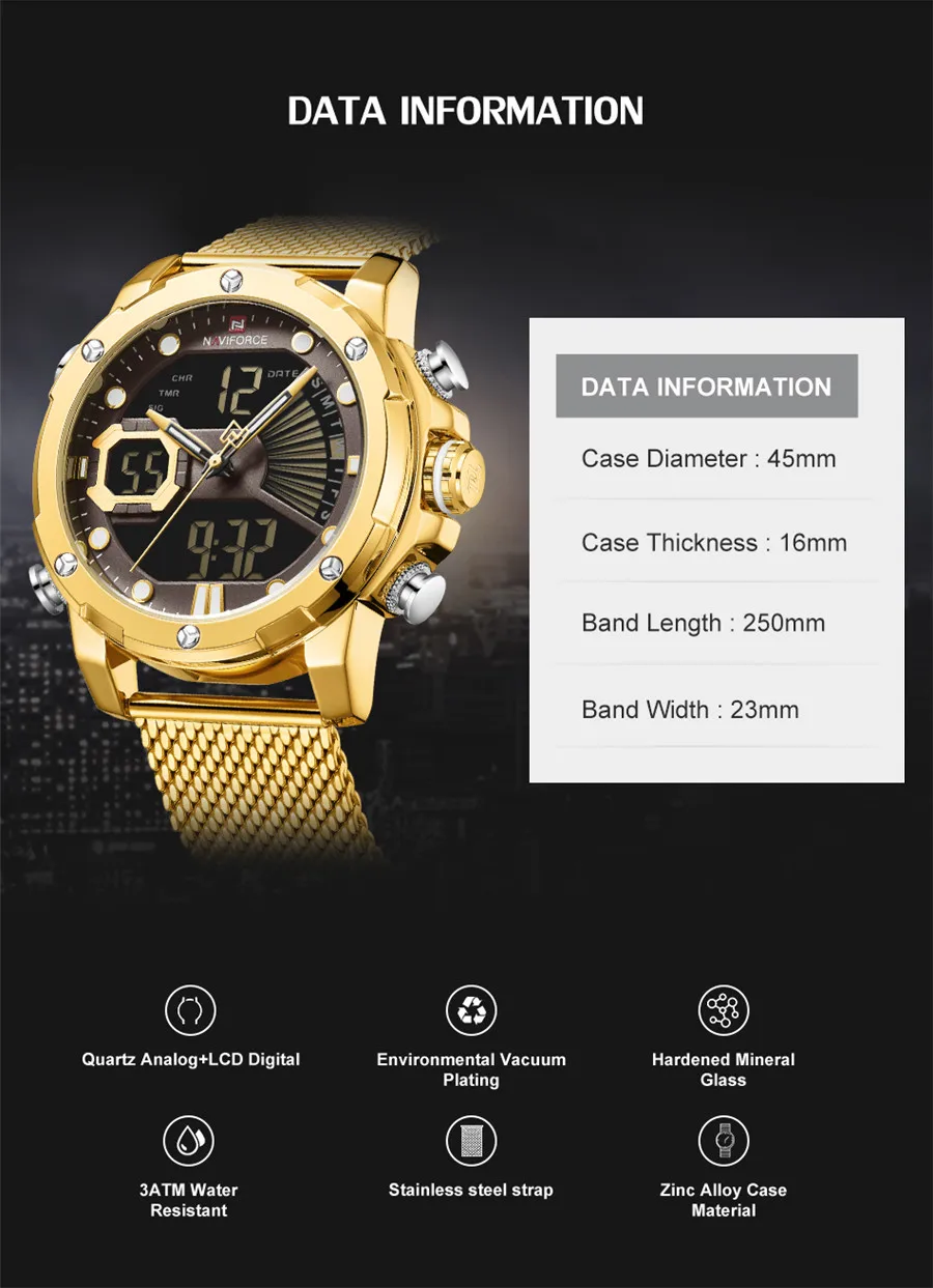 Часы наручные NAVIFORCE Мужские кварцевые цифровые спортивные брендовые Роскошные