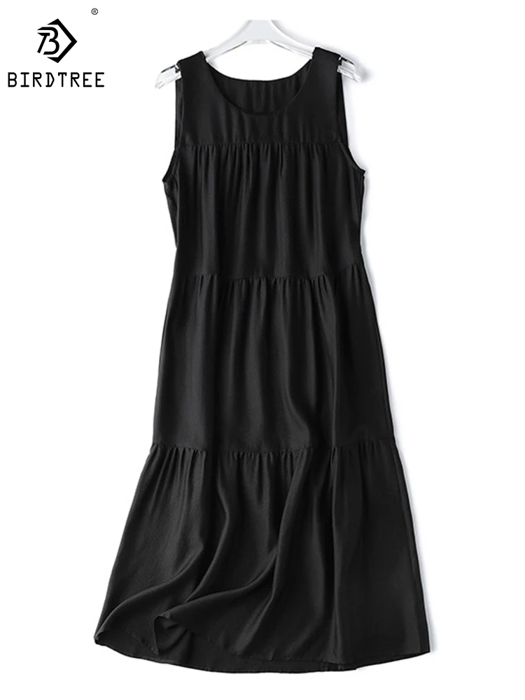 

Birdtree 100%Mulberry Silk Pearl Satin Dress Round Neck Sleeveless Skirt Summer Woman Solid Color Commute Long Dress D38850QD