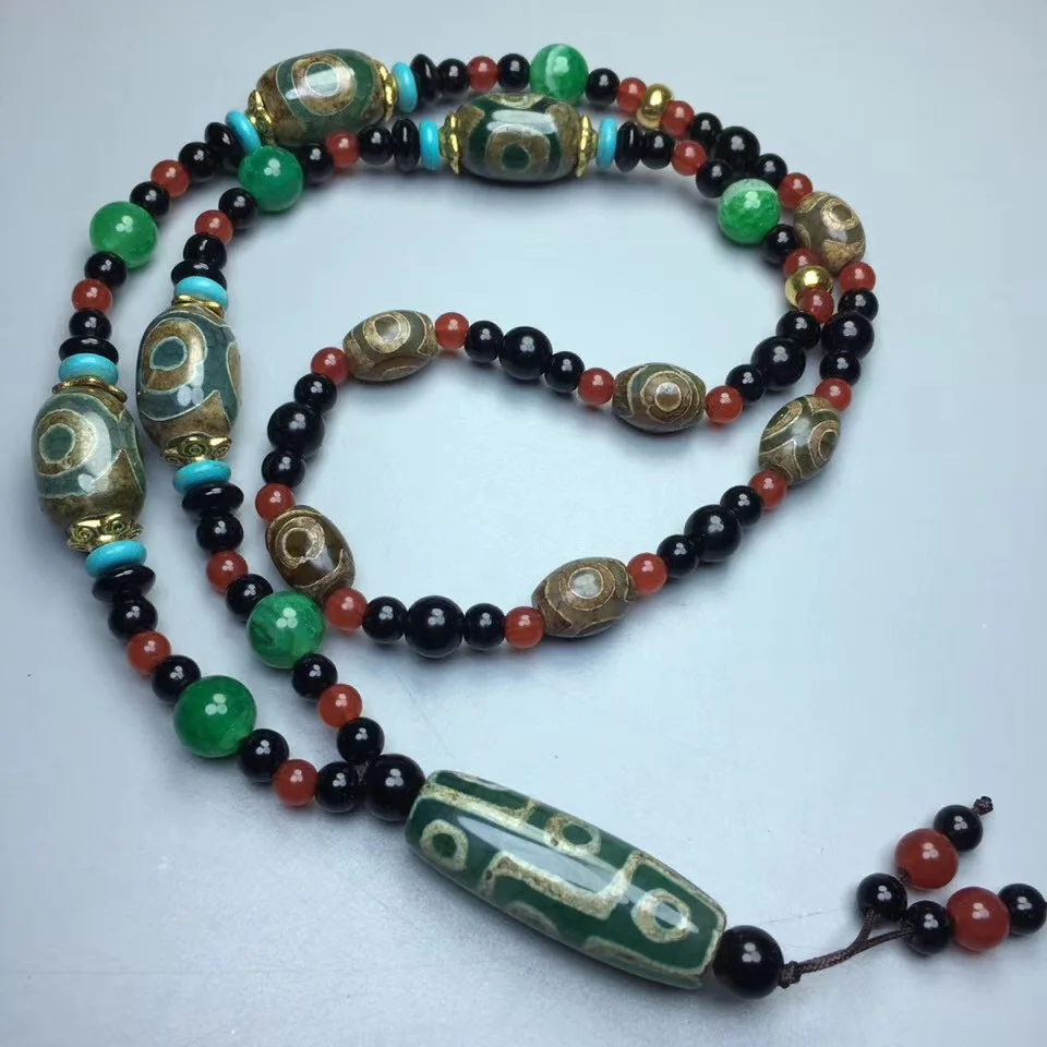 

Genuine 9 Eye Tibetan Dzi Bead Pendant With Three Eyes Dzi Beads Beaded Tassel Necklaces Bohemian Fengshui Agate Sweater Chain