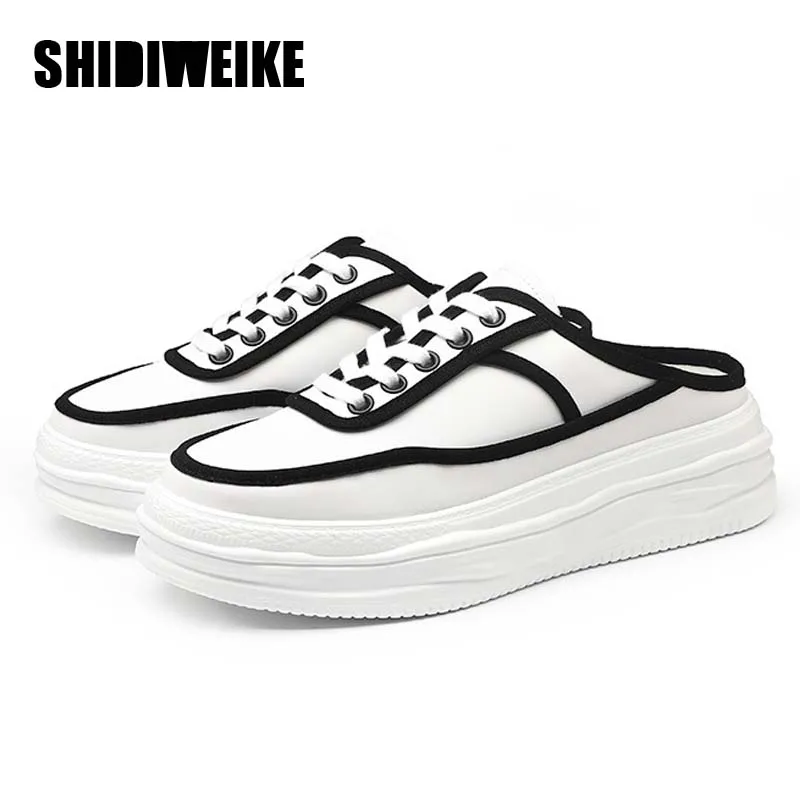 

4cm High Quality Genuine Leather Women Half Slipper Shoes Woman Sneakers Chunky Platform Casual Increase Zapatillas Mujer