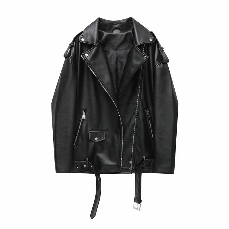 

2023 Women's new spring and autumn style black imitation leather locomotive style loose jacket coat handsome pu motorcycle top