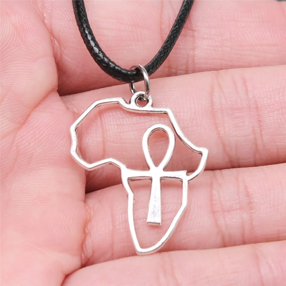 

Unisex Retro Antique Silver Color 31x26mm Africa Series Life Key Ankh Cross Pendant Faux Black Leather Rope Chain Necklace