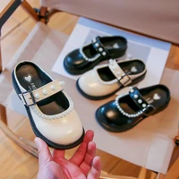 girls leather shoes 2022 children spring and autumn new soft black pearls shallow slippers hook loop kids fashion round toe