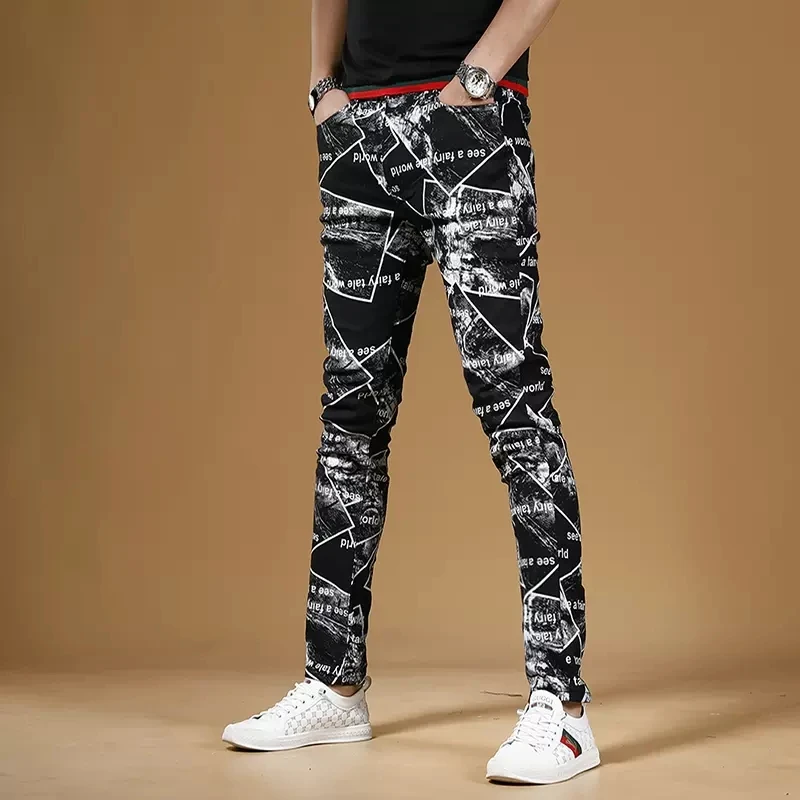 Summer Men Fashion Printed Black Jeans Streetwear Casual Slim Fit Straight Pants Korean Style Digital Printing Denim Trousers